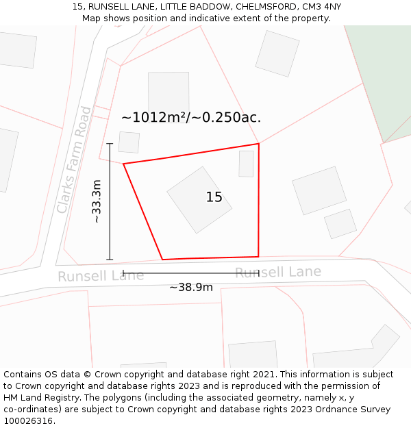 15, RUNSELL LANE, LITTLE BADDOW, CHELMSFORD, CM3 4NY: Plot and title map