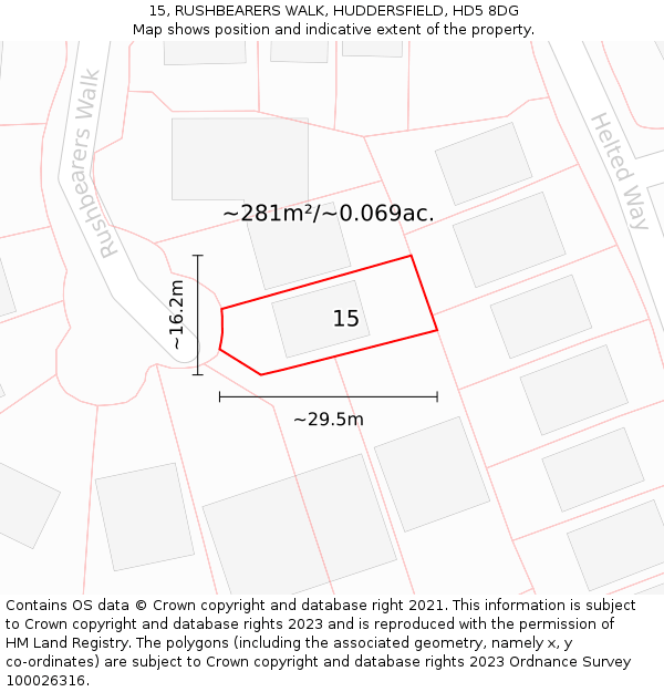 15, RUSHBEARERS WALK, HUDDERSFIELD, HD5 8DG: Plot and title map