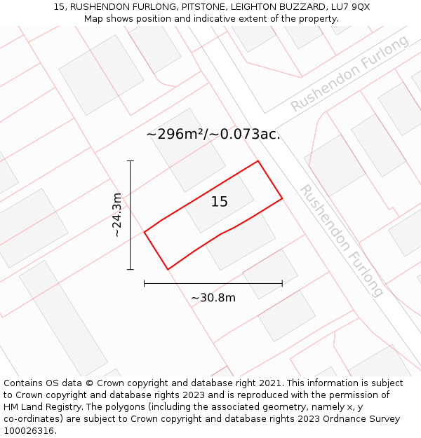 15, RUSHENDON FURLONG, PITSTONE, LEIGHTON BUZZARD, LU7 9QX: Plot and title map