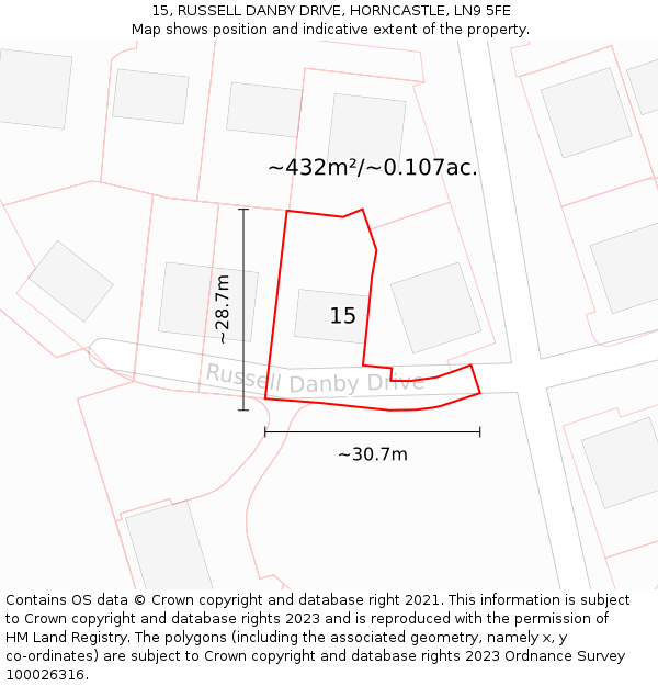 15, RUSSELL DANBY DRIVE, HORNCASTLE, LN9 5FE: Plot and title map