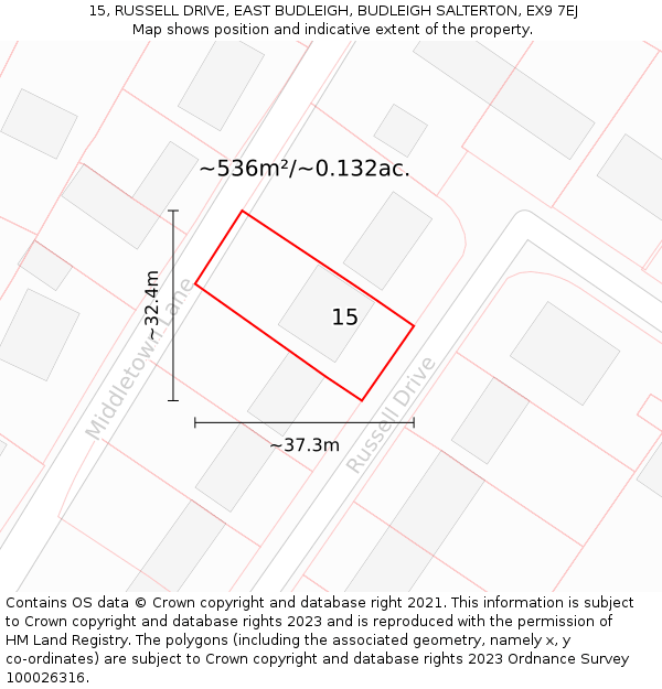 15, RUSSELL DRIVE, EAST BUDLEIGH, BUDLEIGH SALTERTON, EX9 7EJ: Plot and title map