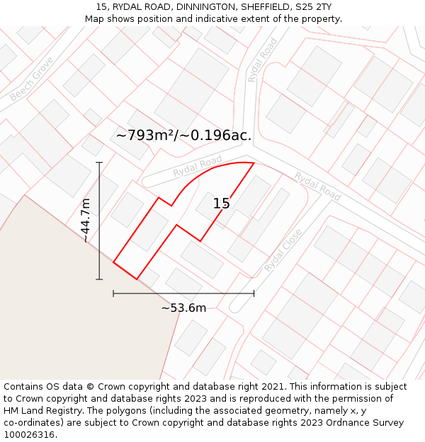 15, RYDAL ROAD, DINNINGTON, SHEFFIELD, S25 2TY: Plot and title map