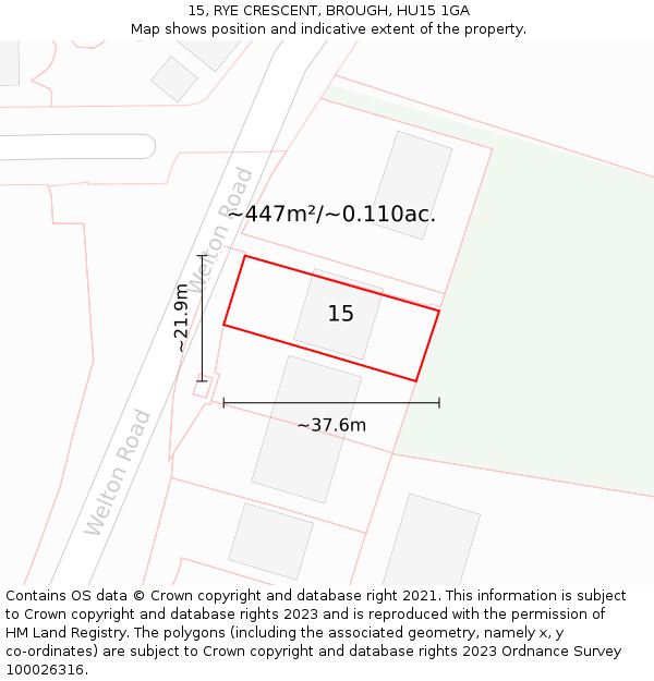 15, RYE CRESCENT, BROUGH, HU15 1GA: Plot and title map