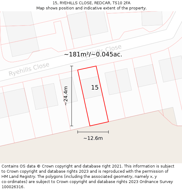 15, RYEHILLS CLOSE, REDCAR, TS10 2FA: Plot and title map