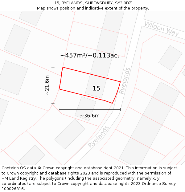 15, RYELANDS, SHREWSBURY, SY3 9BZ: Plot and title map