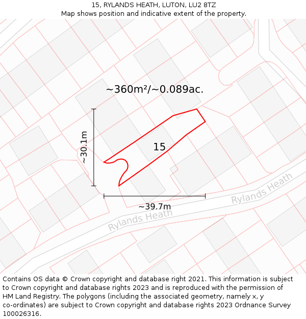 15, RYLANDS HEATH, LUTON, LU2 8TZ: Plot and title map