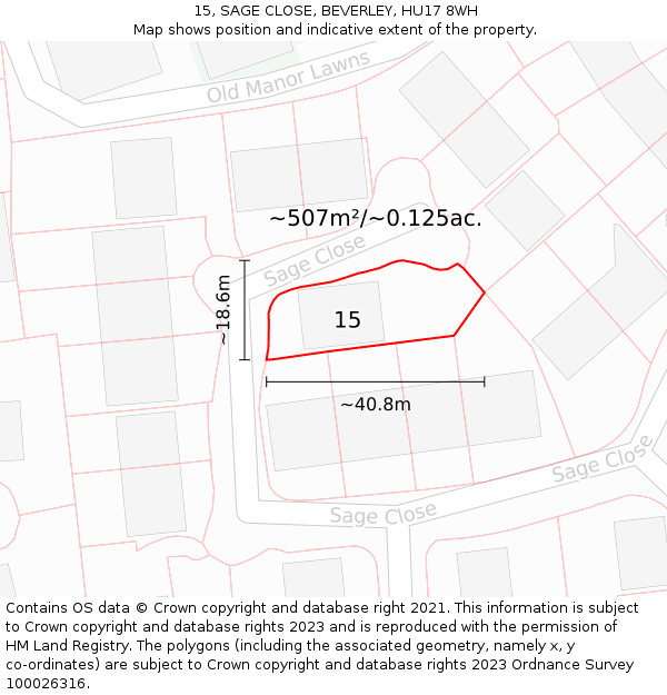 15, SAGE CLOSE, BEVERLEY, HU17 8WH: Plot and title map