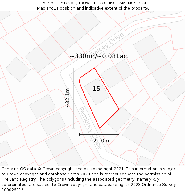 15, SALCEY DRIVE, TROWELL, NOTTINGHAM, NG9 3RN: Plot and title map