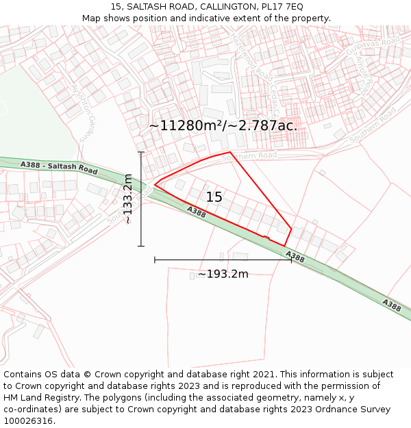 15, SALTASH ROAD, CALLINGTON, PL17 7EQ: Plot and title map