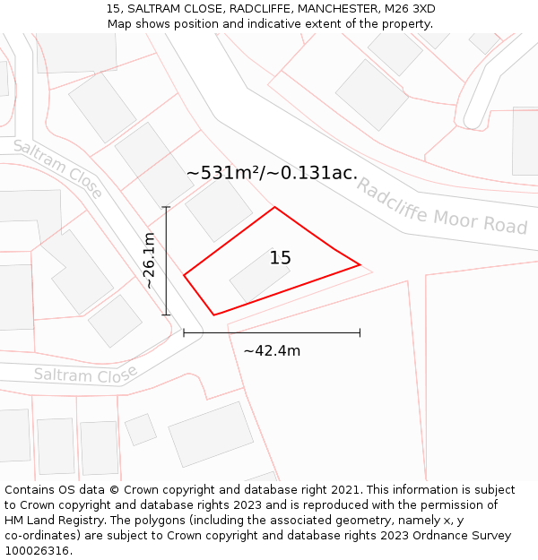 15, SALTRAM CLOSE, RADCLIFFE, MANCHESTER, M26 3XD: Plot and title map