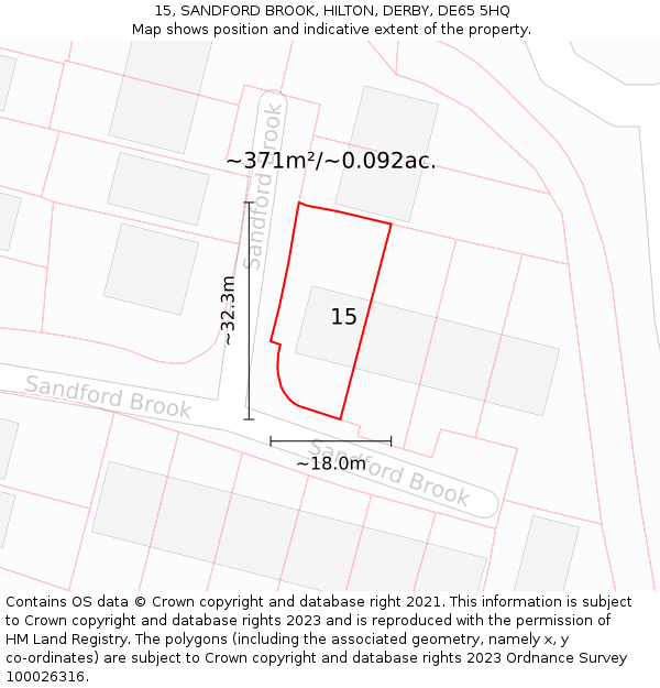 15, SANDFORD BROOK, HILTON, DERBY, DE65 5HQ: Plot and title map