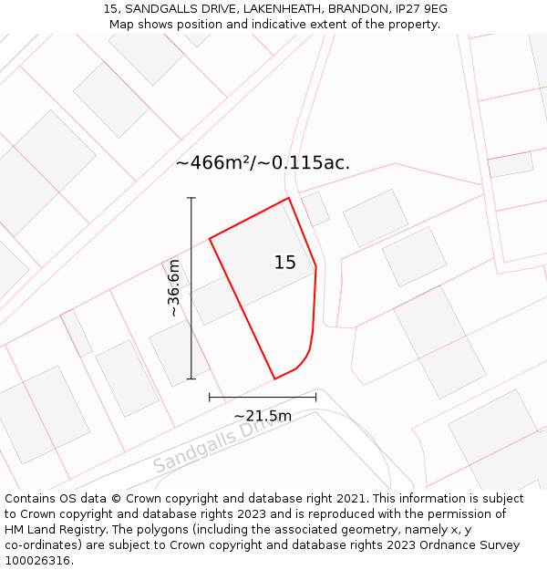 15, SANDGALLS DRIVE, LAKENHEATH, BRANDON, IP27 9EG: Plot and title map