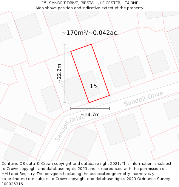 15, SANDPIT DRIVE, BIRSTALL, LEICESTER, LE4 3NP: Plot and title map