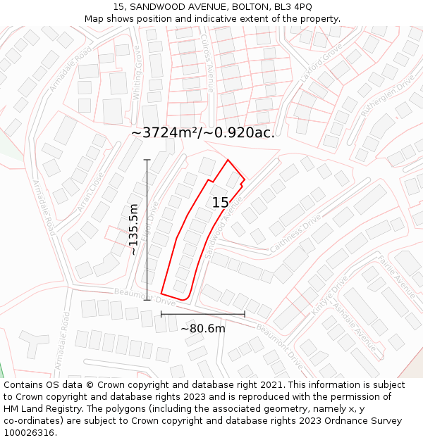 15, SANDWOOD AVENUE, BOLTON, BL3 4PQ: Plot and title map
