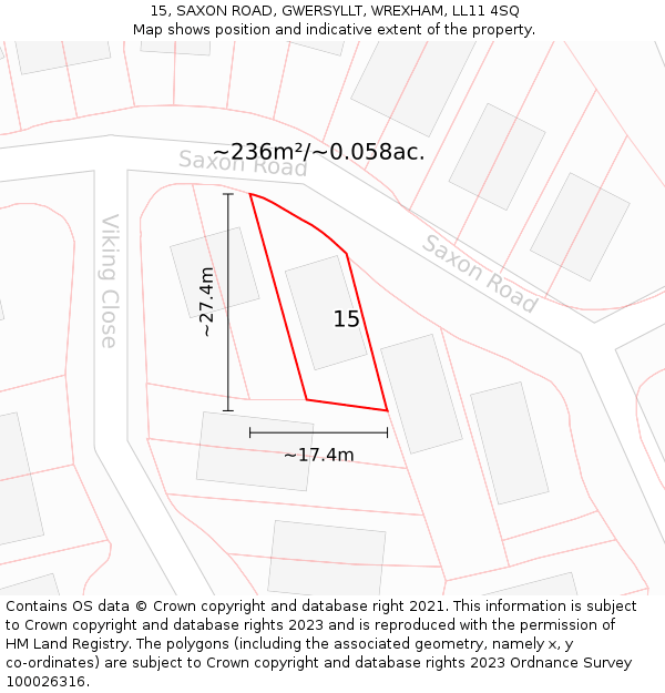 15, SAXON ROAD, GWERSYLLT, WREXHAM, LL11 4SQ: Plot and title map