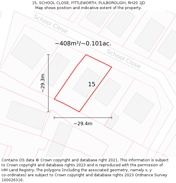 15, SCHOOL CLOSE, FITTLEWORTH, PULBOROUGH, RH20 1JD: Plot and title map