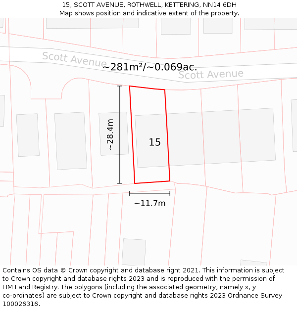 15, SCOTT AVENUE, ROTHWELL, KETTERING, NN14 6DH: Plot and title map