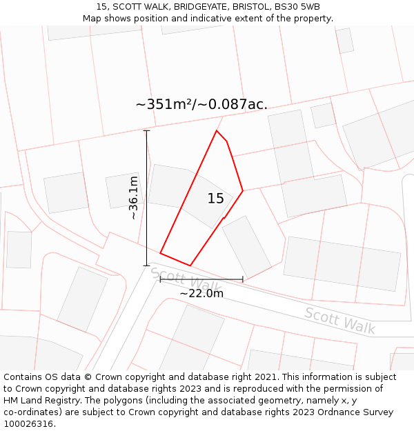 15, SCOTT WALK, BRIDGEYATE, BRISTOL, BS30 5WB: Plot and title map