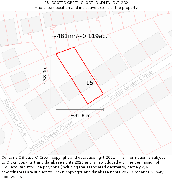 15, SCOTTS GREEN CLOSE, DUDLEY, DY1 2DX: Plot and title map