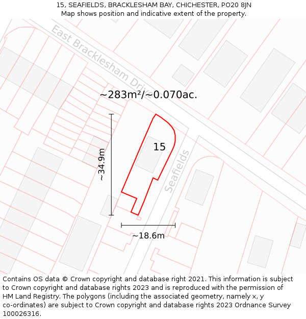 15, SEAFIELDS, BRACKLESHAM BAY, CHICHESTER, PO20 8JN: Plot and title map