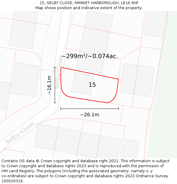 15, SELBY CLOSE, MARKET HARBOROUGH, LE16 9NF: Plot and title map
