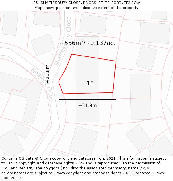 15, SHAFTESBURY CLOSE, PRIORSLEE, TELFORD, TF2 9GW: Plot and title map