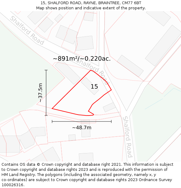 15, SHALFORD ROAD, RAYNE, BRAINTREE, CM77 6BT: Plot and title map