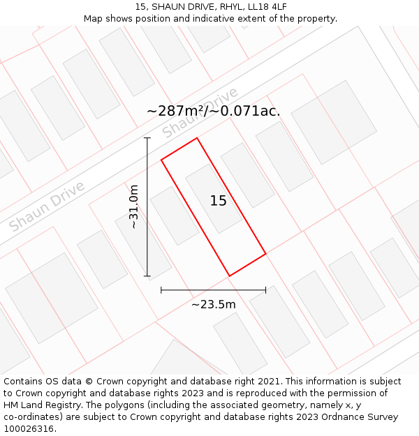 15, SHAUN DRIVE, RHYL, LL18 4LF: Plot and title map