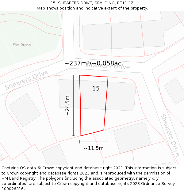 15, SHEARERS DRIVE, SPALDING, PE11 3ZJ: Plot and title map