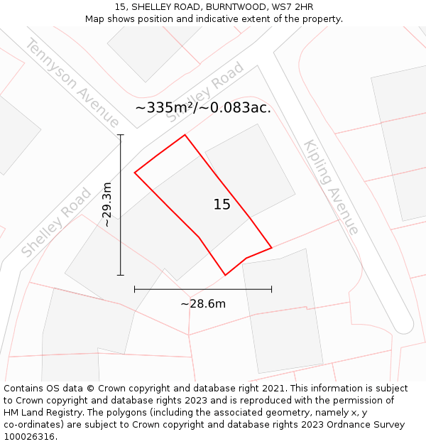 15, SHELLEY ROAD, BURNTWOOD, WS7 2HR: Plot and title map