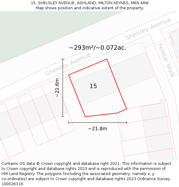 15, SHELSLEY AVENUE, ASHLAND, MILTON KEYNES, MK6 4AW: Plot and title map