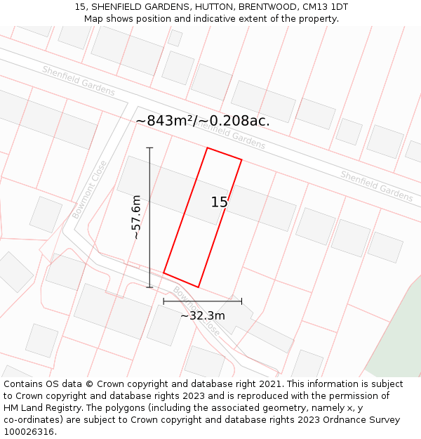 15, SHENFIELD GARDENS, HUTTON, BRENTWOOD, CM13 1DT: Plot and title map
