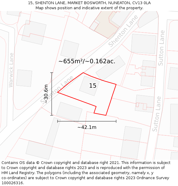 15, SHENTON LANE, MARKET BOSWORTH, NUNEATON, CV13 0LA: Plot and title map