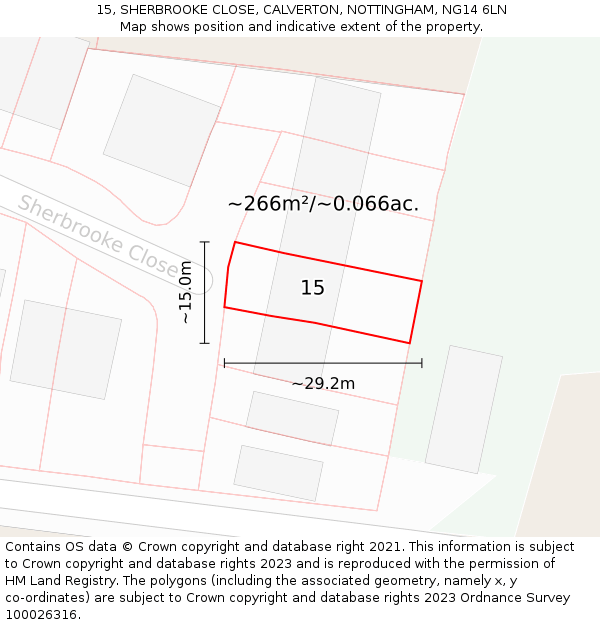 15, SHERBROOKE CLOSE, CALVERTON, NOTTINGHAM, NG14 6LN: Plot and title map