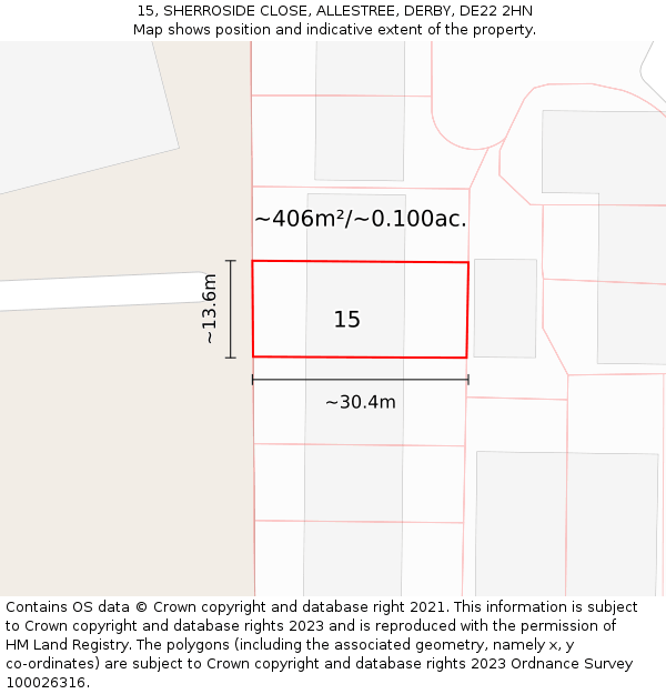 15, SHERROSIDE CLOSE, ALLESTREE, DERBY, DE22 2HN: Plot and title map