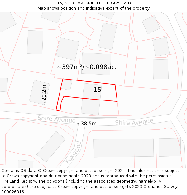 15, SHIRE AVENUE, FLEET, GU51 2TB: Plot and title map