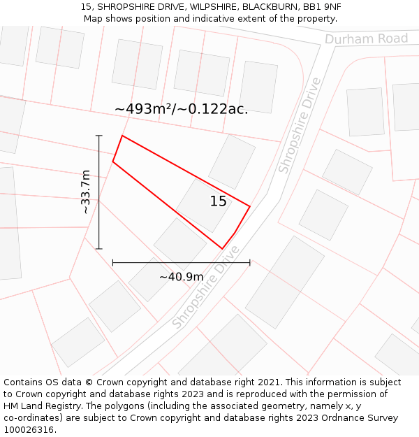 15, SHROPSHIRE DRIVE, WILPSHIRE, BLACKBURN, BB1 9NF: Plot and title map