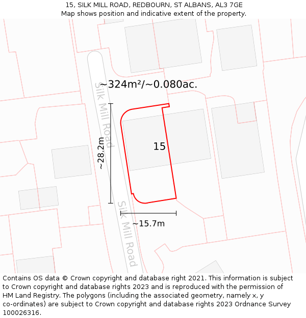 15, SILK MILL ROAD, REDBOURN, ST ALBANS, AL3 7GE: Plot and title map