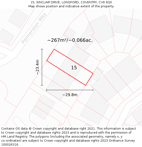 15, SINCLAIR DRIVE, LONGFORD, COVENTRY, CV6 6QX: Plot and title map