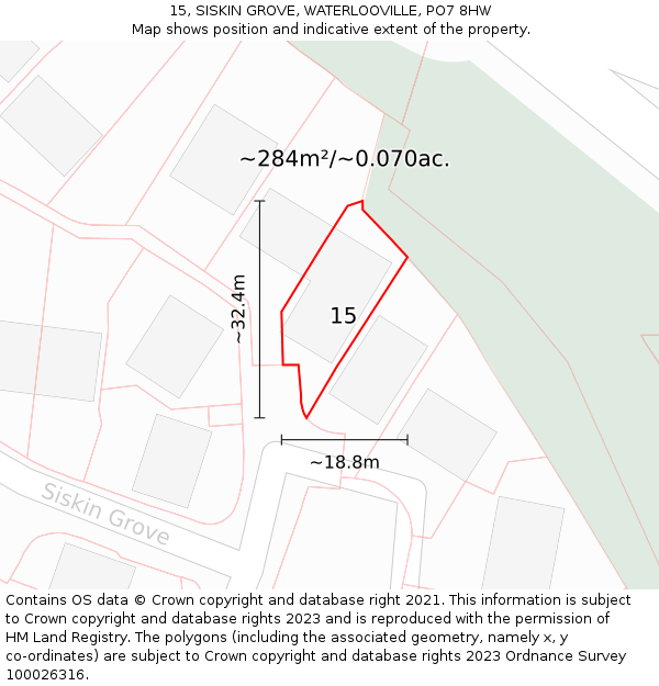 15, SISKIN GROVE, WATERLOOVILLE, PO7 8HW: Plot and title map