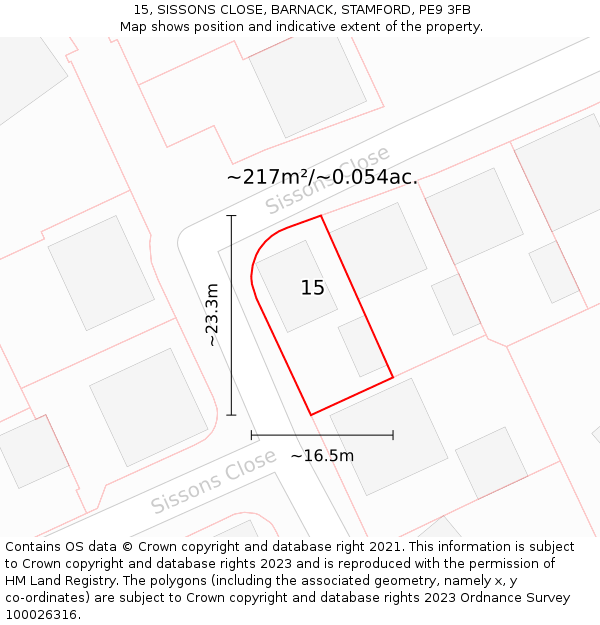 15, SISSONS CLOSE, BARNACK, STAMFORD, PE9 3FB: Plot and title map