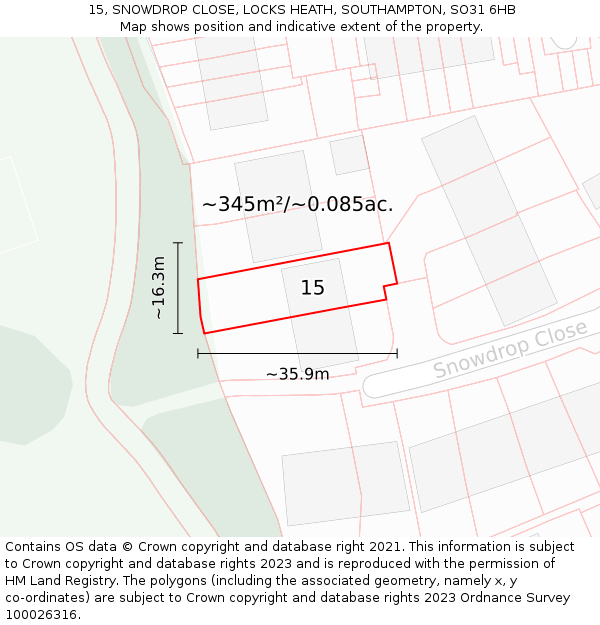 15, SNOWDROP CLOSE, LOCKS HEATH, SOUTHAMPTON, SO31 6HB: Plot and title map