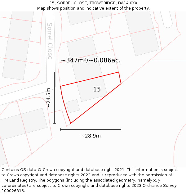 15, SORREL CLOSE, TROWBRIDGE, BA14 0XX: Plot and title map