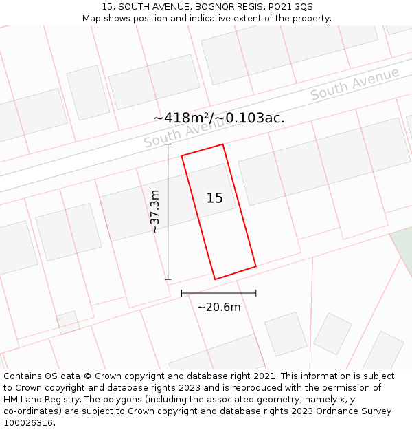 15, SOUTH AVENUE, BOGNOR REGIS, PO21 3QS: Plot and title map