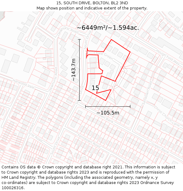 15, SOUTH DRIVE, BOLTON, BL2 3ND: Plot and title map