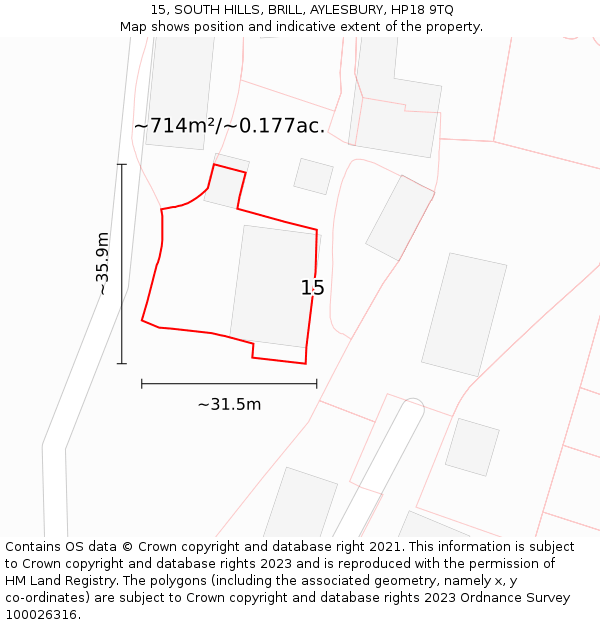 15, SOUTH HILLS, BRILL, AYLESBURY, HP18 9TQ: Plot and title map