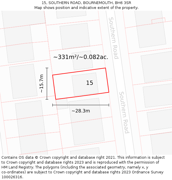 15, SOUTHERN ROAD, BOURNEMOUTH, BH6 3SR: Plot and title map