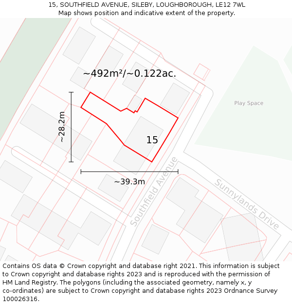 15, SOUTHFIELD AVENUE, SILEBY, LOUGHBOROUGH, LE12 7WL: Plot and title map