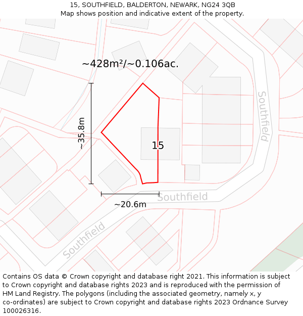 15, SOUTHFIELD, BALDERTON, NEWARK, NG24 3QB: Plot and title map