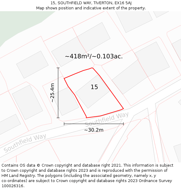 15, SOUTHFIELD WAY, TIVERTON, EX16 5AJ: Plot and title map